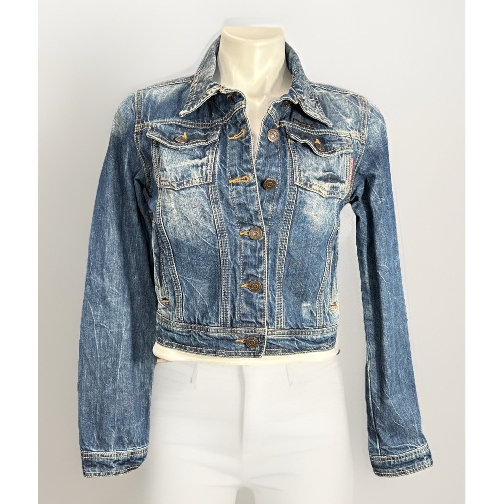 DSQUARED2‎ Medium Women's Cropped Denim Jacket Jungle Jim Patch Distressed